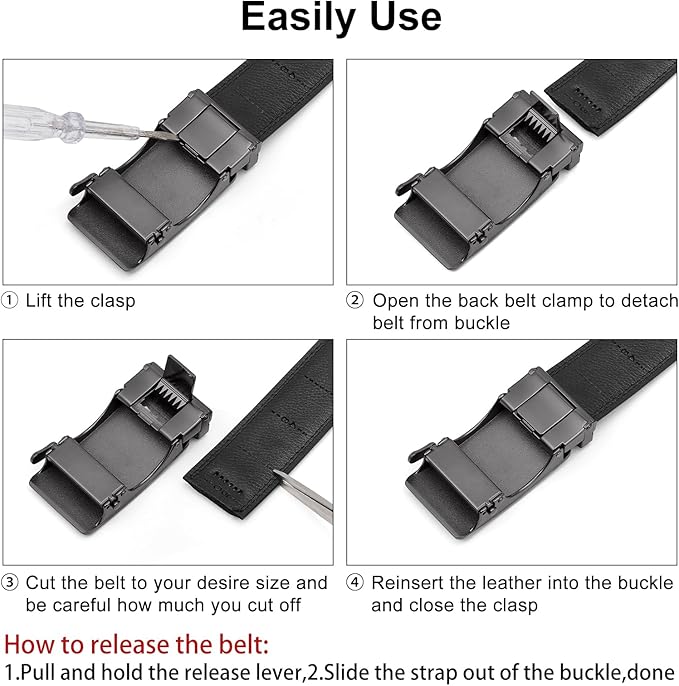 SENDEFN Men's Leather Belt Automatic Ratchet Buckle Slide Belt for Dress Casual Trim to Fit with Gift Box