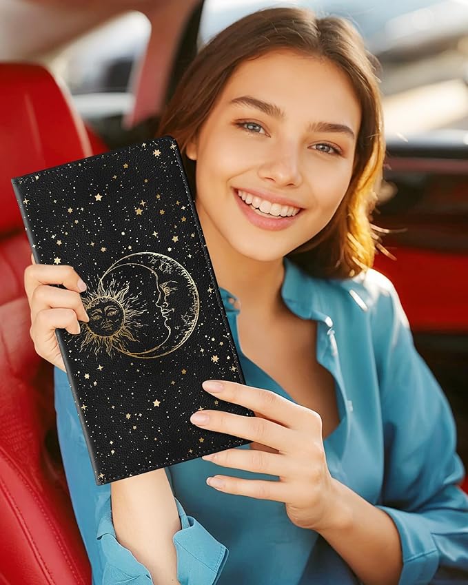 Slohif Car Registration and Insurance Card Holder with Magnetic Shut - Vehicle Glove Box Organizer Women Leather Automobile License Holders Coasters Auto Accessories Case for Document Moon Sun Black