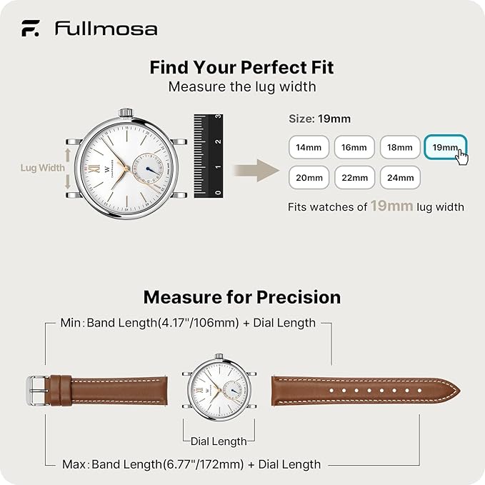 Fullmosa Watch Band, Quick Release Leather Watch Strap for Men Women, Replacement Bands Width 12mm 14mm 16mm 18mm 19mm 20mm 21mm 22mm 24mm