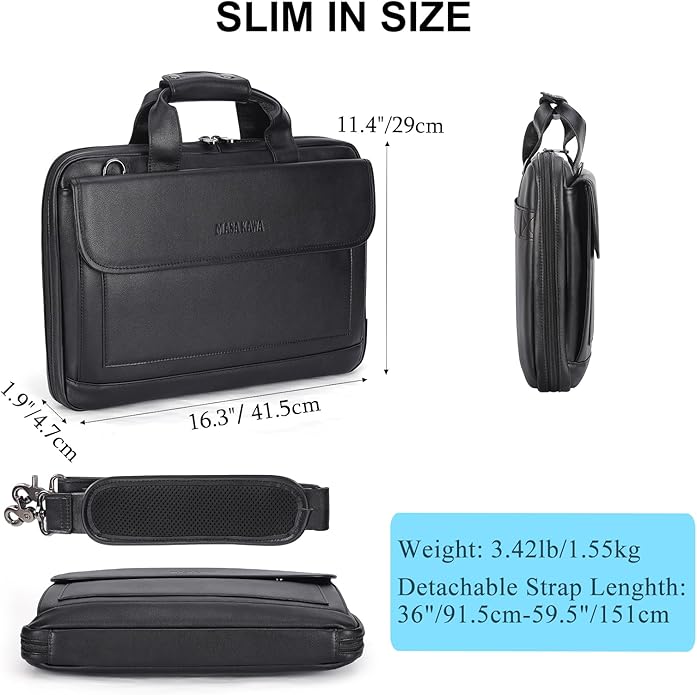 Masa Kawa Leather Briefcase for Men Slim 15.6" Laptop Bag Waterproof Crossbody Shoulder Messenger Computer Attache Case for Business Work, Black
