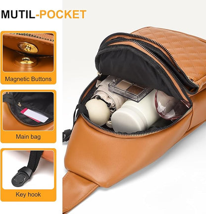 Crossbody Bags for Women Men,Leather Sling Bag Cross Body Backpack for Women, Casual Chest Bag Daypack for Travel Hiking,Brown