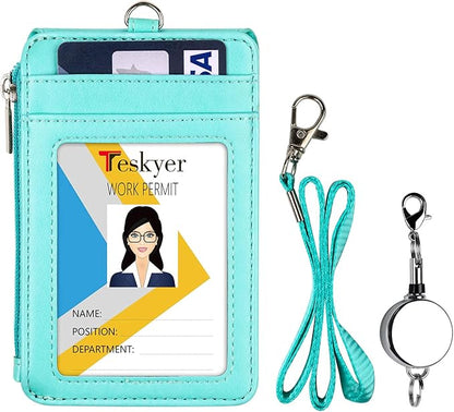 Teskyer Leather Badge Holder with Lanyard and Retractable Badge Reel, 4 Card Slots ID Card Holder with 1 Zipper Pocket for Office School Name Work IDs, Green