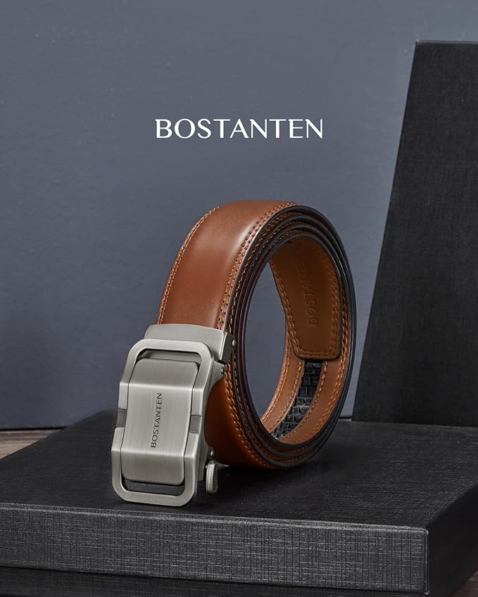 BOSTANTEN Mens Belt Leather Ratchet Belt For Men Dress and Casual with Adjustable Buckle, Trim to Fit