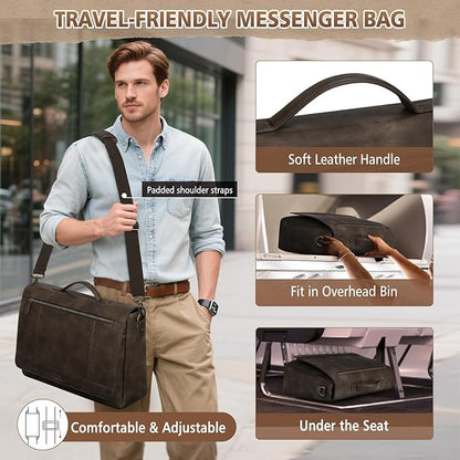 RAINSMORE Leather Messenger Bag for Men 15.6 Inch Laptop Bag Vintage Briefcase Large Computer Bag Satchel Shoulder Bag For College, Work, Business, Office, Wood