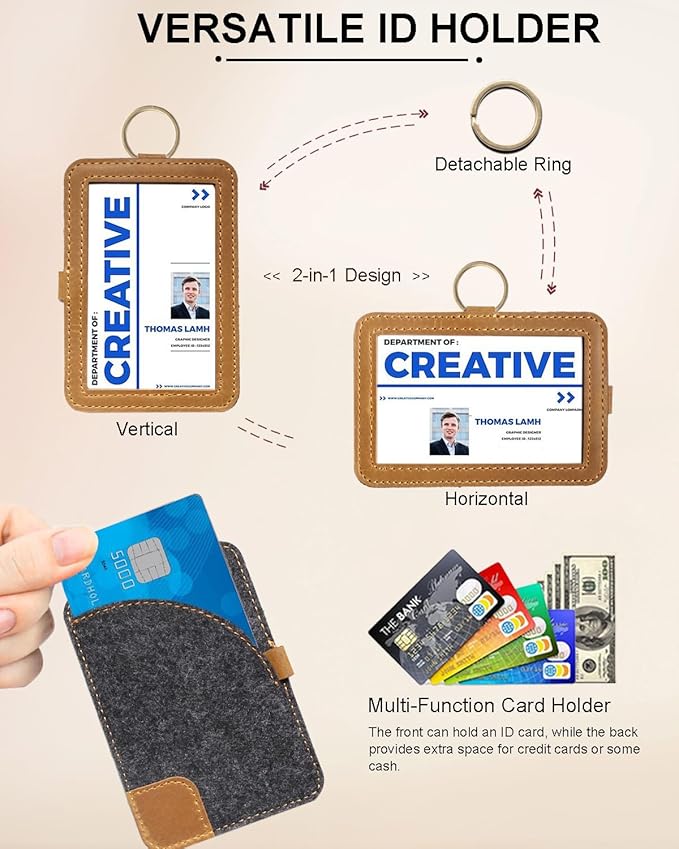 Genuine Badge Holder with Leather Lanyard, Soft Leather ID Card Holder with a Detachable Metal Clip, Clear Window, 2 Card Slots for Office & School IDs, Work Name Cards (Golden-Brown 03)