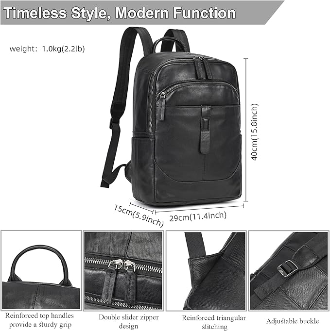 Genuine Leather Backpack for Men & Women - 15.6 Inch Laptop Backpack, Durable Business Commute Bag with Multi-Pockets for Travel & Office