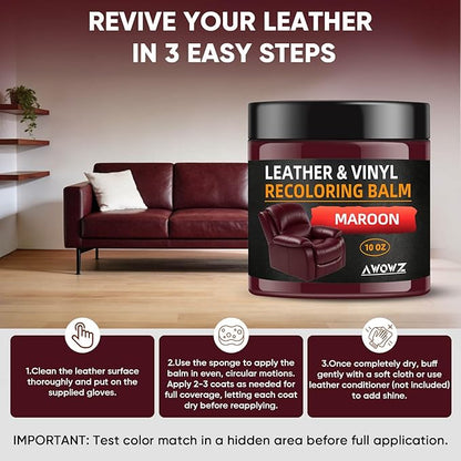 Leather Recoloring Balm - Scratch Repair & Color Restore Kit for Faded Leather, Leather Couch & Car Seats - 10OZ Leather Restorer Balm for Furniture, Auto Interior, Vinyl, Accessories (Maroon)