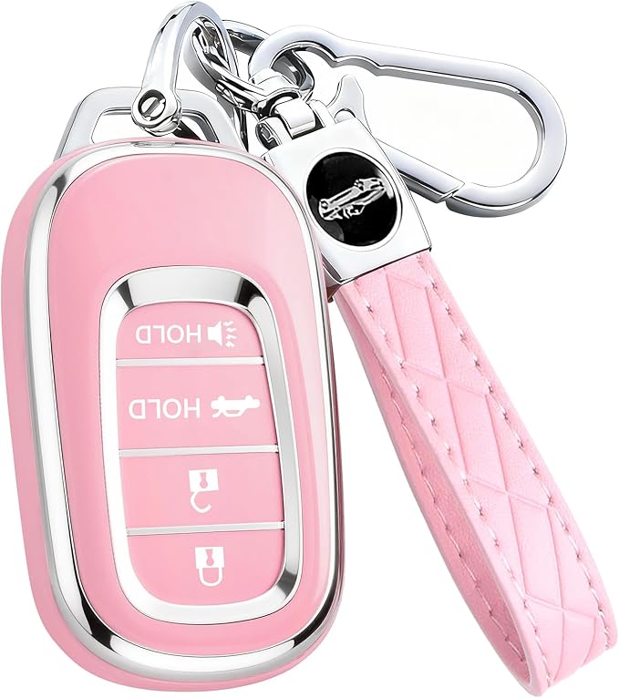 Key Fob Cover for Honda - Premium Soft TPU Shell Full Protection Case with Keychain, Fits Accord Civic HR-V CR-V Pilot Passport, Pink 4-Button