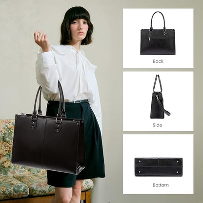 LOVEVOOK Laptop Tote Bag for Women, 15.6 Inch Large Capacity Vintage Leather Work Computer Bag, Business Casual Shoulder Handbag, Black