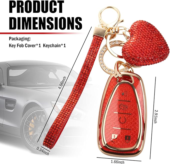 Compatible with Chevy Equinox Key Fob Covers,Stylish Car Key Cover with Bling Heart Keychain,5-Button Keys Fob Protector（Red）