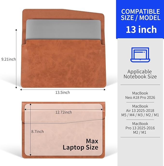 13 Inch Leather Laptop Sleeve Compatible with MacBook Neo 13" 2026 & MacBook Air/Pro 13" (M5/M4/M3/M2/M1, 2025-2018), Magnetic Buckle Closure Protective Case Cover,Brown