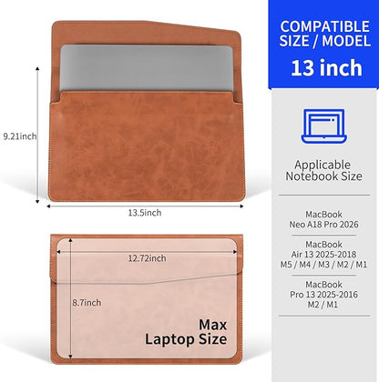 13 Inch Leather Laptop Sleeve Compatible with MacBook Neo 13" 2026 & MacBook Air/Pro 13" (M5/M4/M3/M2/M1, 2025-2018), Magnetic Buckle Closure Protective Case Cover,Brown