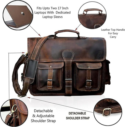 cuero Leather Messenger Bag for Men, 14 Inch Laptop Bag, Crossbody Bag Men, Vintage Handmade Leather Satchel Bag Full Grain Business Briefcase Shoulder Bag for Office/Work/Travel - Brown