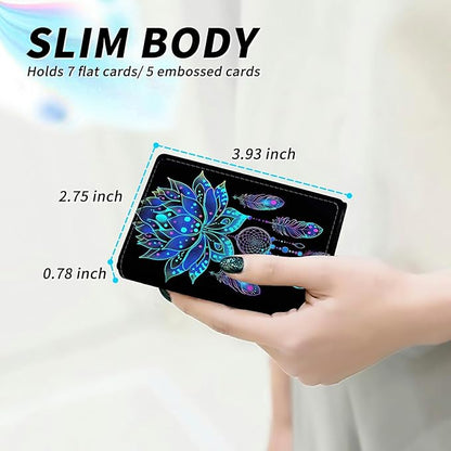 Blue Lotus Minimalist Wallet for Men, Pop Up Card Case Wallet for Women, PU Leather Automatic Credit Card Holder Metal Money Clip Wallet RFID Blocking Bifold Pocket Wallet