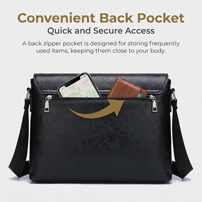 Vintage PU Leather Mens Messenger Bag - Slim Crossbody Shoulder Bag for Work, Travel & Daily Commute Casual Tablet Satchel