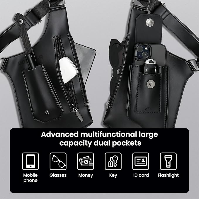 Leather Double Shoulder Armpit Bag for Men Underarm Concealed Rover The Holste Vest for Mens Adjustable Leather Bag (Black)