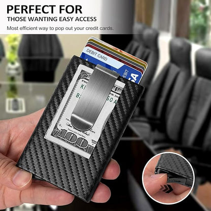 MOSIYEEF Slim RFID Blocking Card Holder Wallet for Men - Minimalist Pop Up Credit Card Holder Wallet with Stainless Steel Money Clip, Carbon Fiber Leather Case, Holds 6 Cards - Ideal Gift for Him