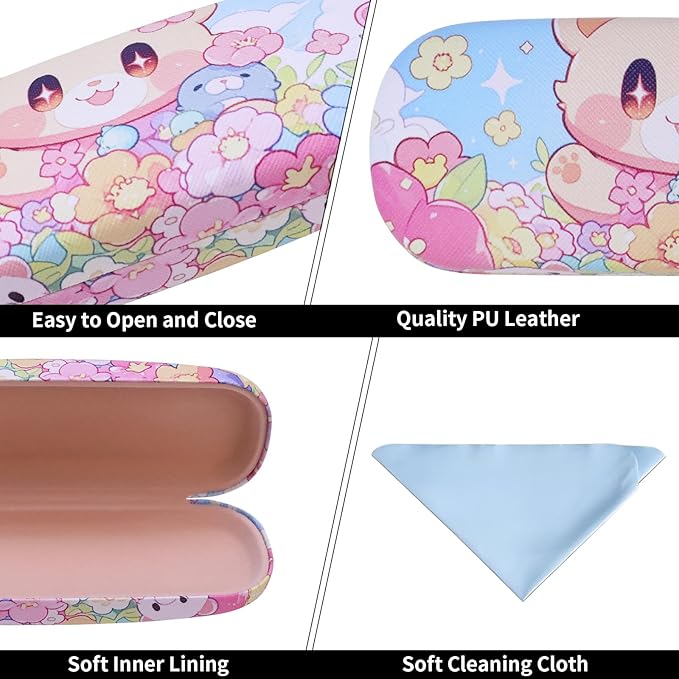 PERFECTSIGHT Hard Shell Eyeglasses Case, PU Leather Protective Glasses Case, Cute Eyeglass Case for Women Men Girls