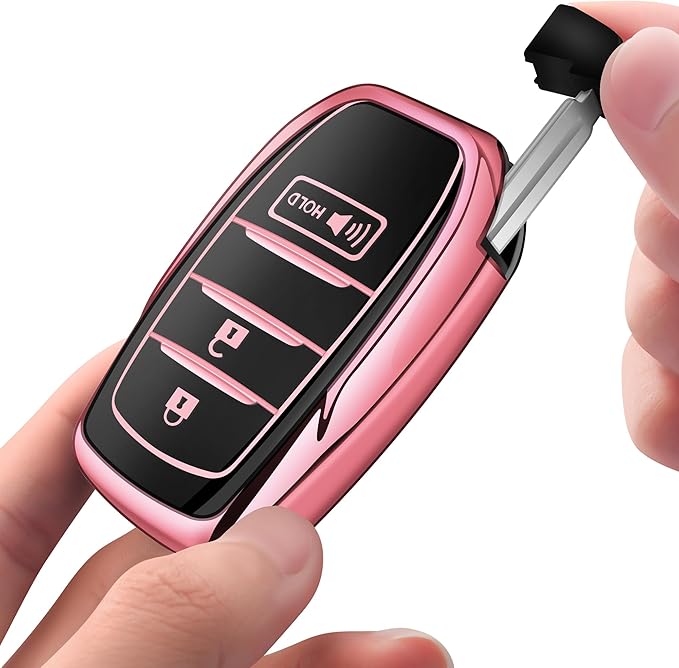Sindeda for Toyota Key Fob Cover with Metal Keychain & Leather Strap for 2025-2026 Camry 4 Runner 2019-2026 Venza, Land Cruiser,2023-2026 Tacoma Grand Highlander,Corolla,bZ4X,3-Buttons(Pink)