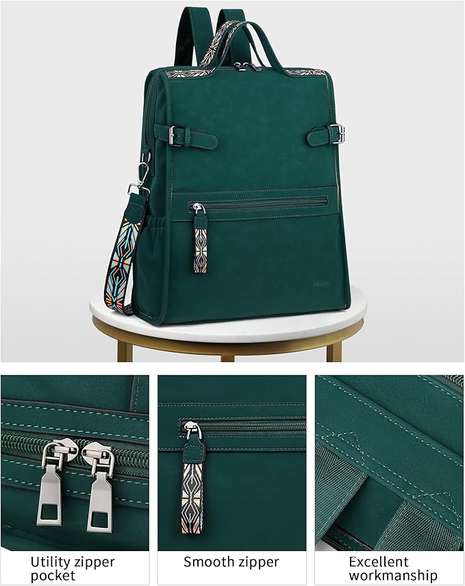 FADEON Leather Laptop Backpack for Women, Designer Ladies Work Travel Computer Backpack with Laptop Compartment Suede Green