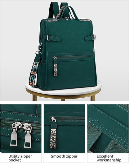 FADEON Leather Laptop Backpack for Women, Designer Ladies Work Travel Computer Backpack with Laptop Compartment Suede Green