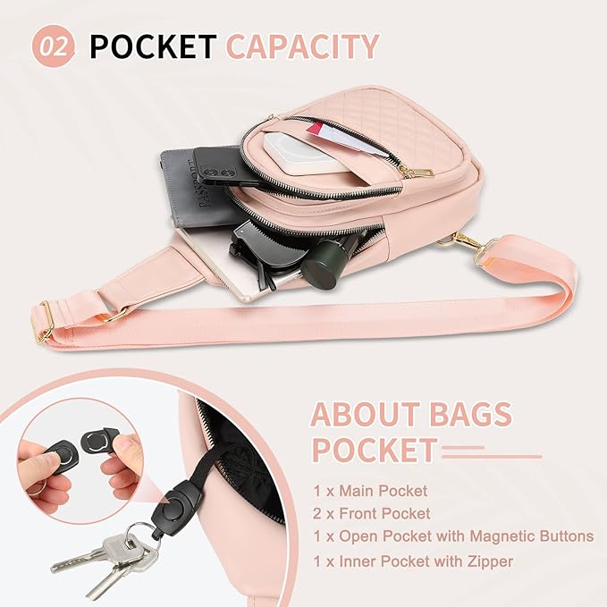 Crossbody Bags for Women Men,Leather Sling Bag Cross Body Backpack for Women, Casual Chest Bag Daypack for Travel Hiking, Pink
