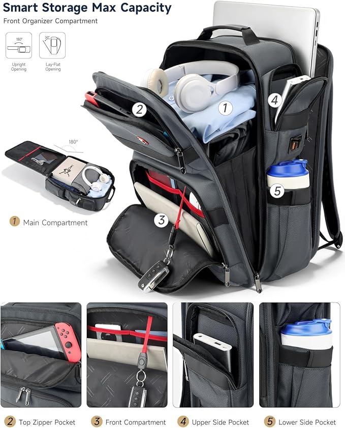 Work Laptop Backpack for Men 17in, USB-C Port Carry On Backpack with Patented Adjustable Width Straps, TSA Dual Laptop Compartments Backpack Travel, Waterproof Business Backpack for Professional, Grey