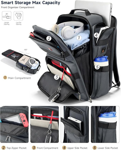 Work Laptop Backpack for Men 17in, USB-C Port Carry On Backpack with Patented Adjustable Width Straps, TSA Dual Laptop Compartments Backpack Travel, Waterproof Business Backpack for Professional, Grey