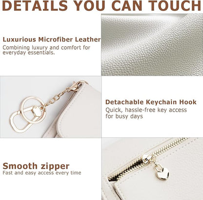 Women Small Wallet RFID Blocking Slim Wallet with Coin Pocket Tri-Fold Credit Card Holder with ID Window and Keychain(Beige)
