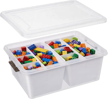 MACOPRO 17QT Craft Storage Box with 2 Removable Caddy Trays, Clear Stackable Plastic Organizer with Lid for Art Supplies, Beads, Sewing Tools, Pens & Kids Toys (White, 1Pack-2-in-1)