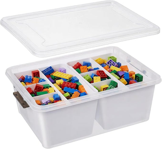 MACOPRO 17QT Craft Storage Box with 2 Removable Caddy Trays, Clear Stackable Plastic Organizer with Lid for Art Supplies, Beads, Sewing Tools, Pens & Kids Toys (White, 1Pack-2-in-1)