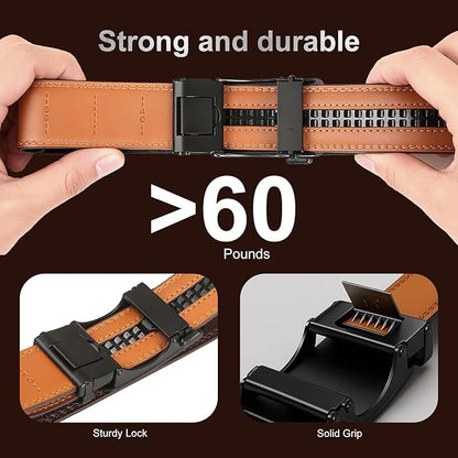 Men's Ratchet Belt Genuine Leather No-Hole Slide Buckle - Adjustable Men's Dress & Casual Belt