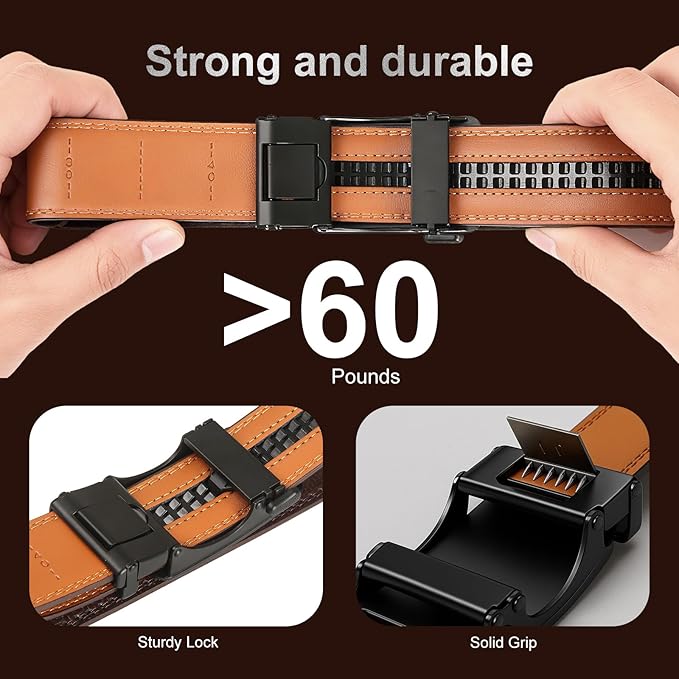 Men's Ratchet Belt Genuine Leather No-Hole Slide Buckle - Adjustable Men's Dress & Casual Belt
