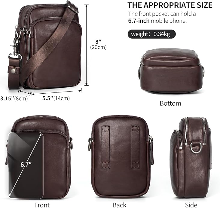 Augus Leather Messenger Crossbody Shoulder Bag for Men Work Business Casual Adjustable Straps (Black-1)