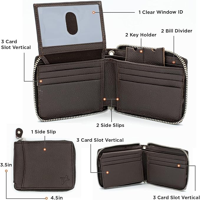 RFID Safe Leather Bi-fold Chain Wallet for Men Zip around Purse for Women Biker's Trucker YKK Metal Zipper Closure Filp up window ID (Brown without Chain)