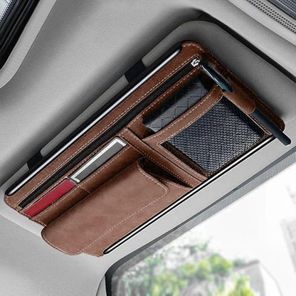 Car Sun Visor Organizer, Leather Vehicle Visor Card License Storage Pouch with Glasses Holder, Multifunctional Auto Interior Sunshade Document Pocket Organizer, Universal for Vehicles (Brown)