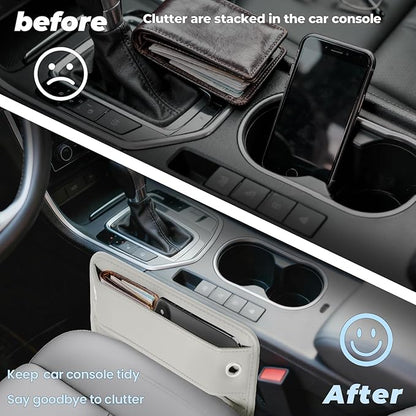 2-Pack Car Seat Gap Filler Organizer - Upgraded Anti-Slip Strap Design - Premium Leather Side Console Pocket - Prevent Phone Falling - Universal Fit Car Essentials for SUV, Truck & Sedan,Beige