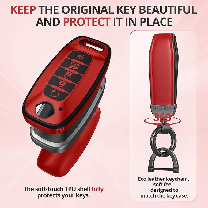 For Nissan Key Fob Cover Accessories- Matte TPU Key Fob Cover with Leather Keychain for 2023 2024 Rogue Pathfinder Versa 2025 Sentra Patrol Armada Smart and More (Matte Red, 5 Buttons)