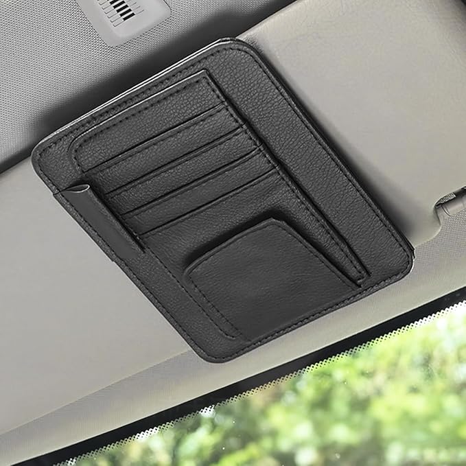 Car Sun Visor Organizer, PU Leather Vehicle Visor Document Storage Pocket for Sunglass Card Pen, Multifunctional Automotive Interior Holder Accessories, Universal Fit (Black)