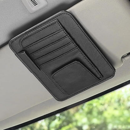 Car Sun Visor Organizer, PU Leather Vehicle Visor Document Storage Pocket for Sunglass Card Pen, Multifunctional Automotive Interior Holder Accessories, Universal Fit (Black)