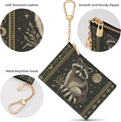 Vintage Raccoon Keychain Coin Purse for Women, Small PU Leather Change Pouch, Zipper Little Tiny Travel Wallet for Girls, Cute Kawaii Zip Pocket Coin Holder with Key Ring