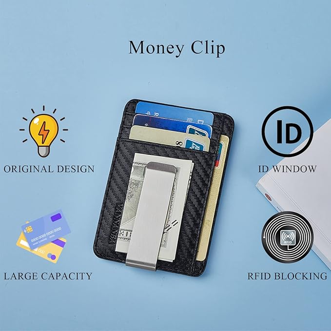 VANNANBA Money Clip Slim Front Pocket Wallet Carbon Fiber RFID Blocking Minimalist ID Card Holder for Men Women(Carbon Black)