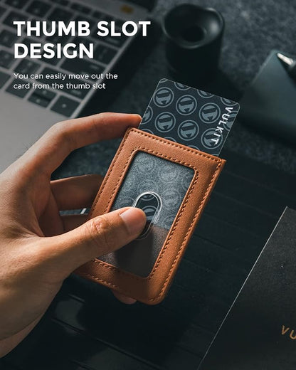 VULKIT ID Badge Holder with Lanyard for Women and Men Vertical Leather Badge Holder with Clear ID Window Card Holder Slot and Money Pocket Brown