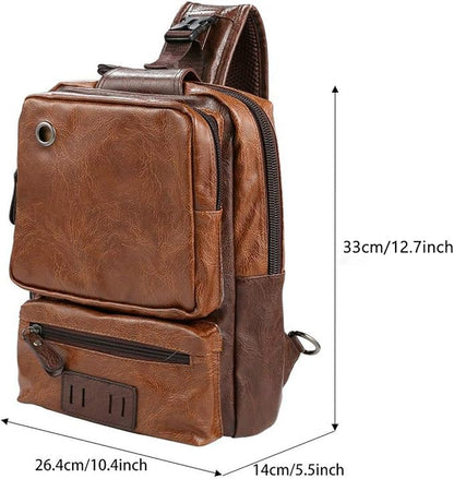 Men's Lightweight PU Leather Sling Bag - Breathable Crossbody Pack with USB Charging Port & 6 Pockets, Easy Access Organizer for Tablet/Gym Essentials - Commute, Travel, Work(Brown)