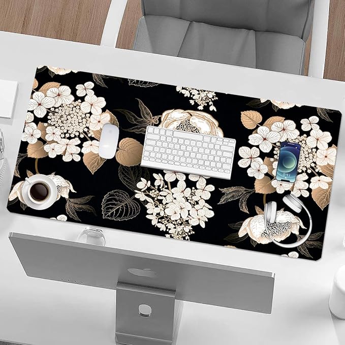 Large Desk Mat, Dual Side PU Leather Waterproof Mousepad Desk Pad, Desk Protector Writing Pads Desk Accessories for Office and Home (C-Black Gold Flower, 24''X14'')