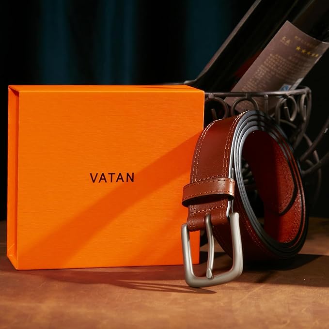 VATAN Men's Full Grain Leather Casual Every Day Jeans Belts, Handmade Men Leather Belt with Gift Box