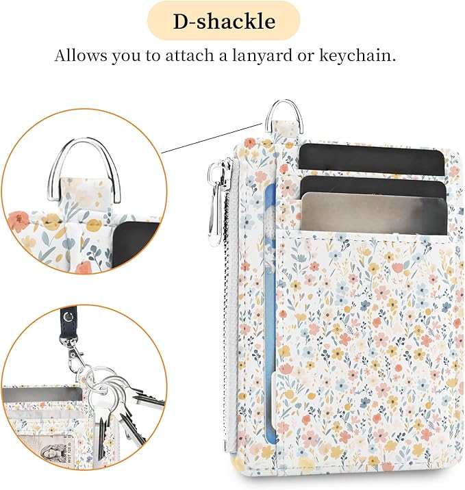 Hancynir White Floral Flower Small Wallet Women Credit Card Holder, Cute Slim RFID Blocking Keychain Card Wallets, Mini Front Pocket PU Leather Travel Zipper Coin Cash Ladies Wallet Organizer Gifts