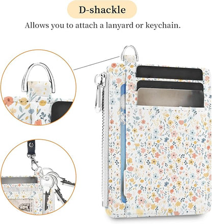 Hancynir White Floral Flower Small Wallet Women Credit Card Holder, Cute Slim RFID Blocking Keychain Card Wallets, Mini Front Pocket PU Leather Travel Zipper Coin Cash Ladies Wallet Organizer Gifts