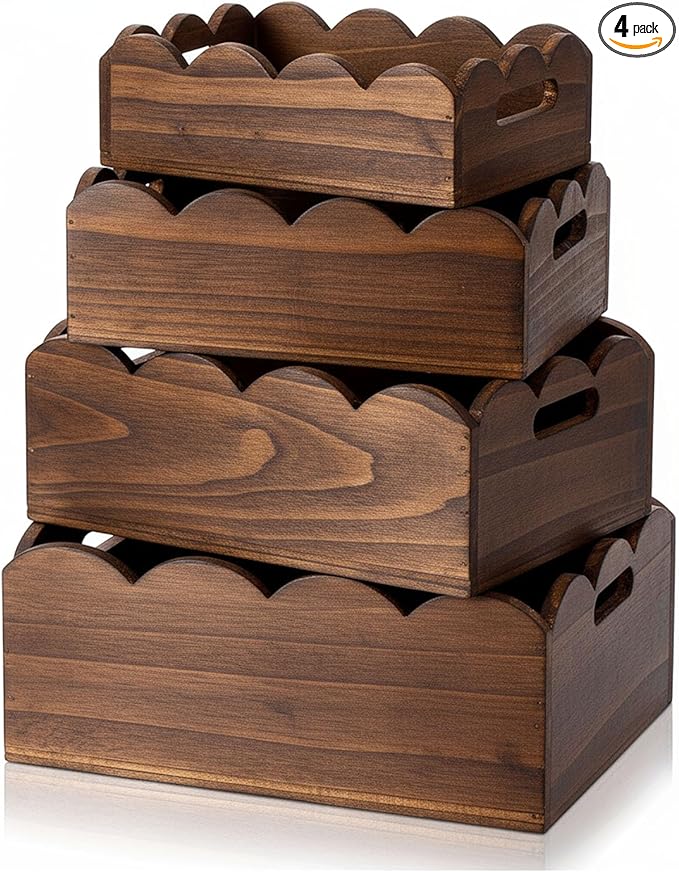 Beeveer 4 Pcs Scalloped Baskets with Handle 4 Size Wooden Countertop Storage Box Multipurpose Fruit Vegetable Crate Rectangular Decorative Serving Tray Organizer for Kitchen Bathroom Home Decor(Brown)
