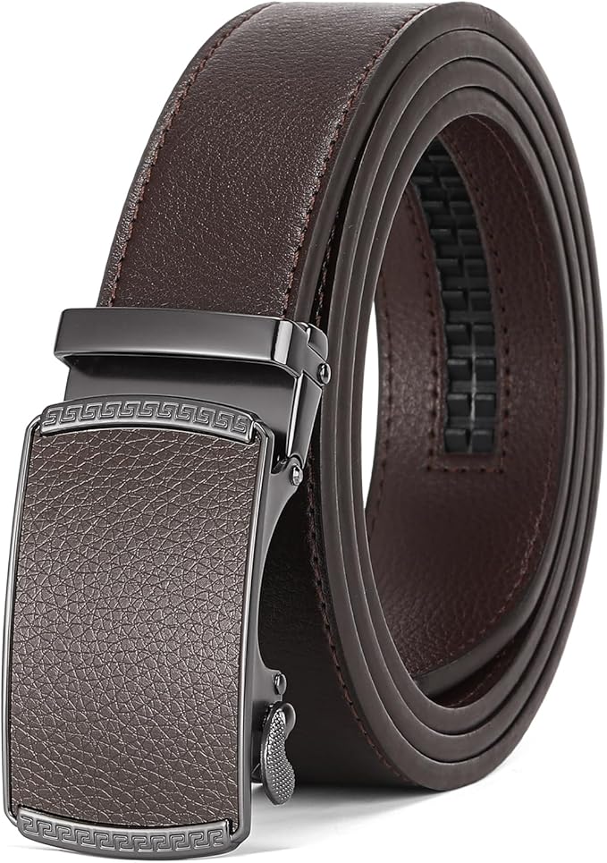 SENDEFN Men's Leather Belt Automatic Ratchet Buckle Slide Belt for Dress Casual Trim to Fit with Gift Box